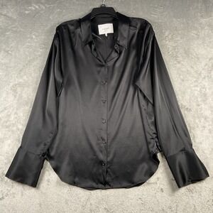 FRAME Blouse Womens Size XL Black Noir The Standard Shirt Stretch Silk Button Up